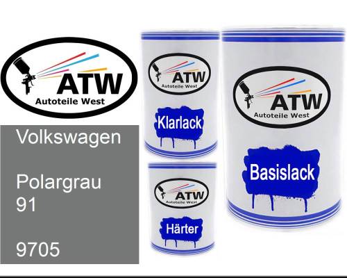 Volkswagen, Polargrau 91, 9705: 500ml Lackdose + 500ml Klarlack + 250ml Härter - Set, von ATW Autoteile West.